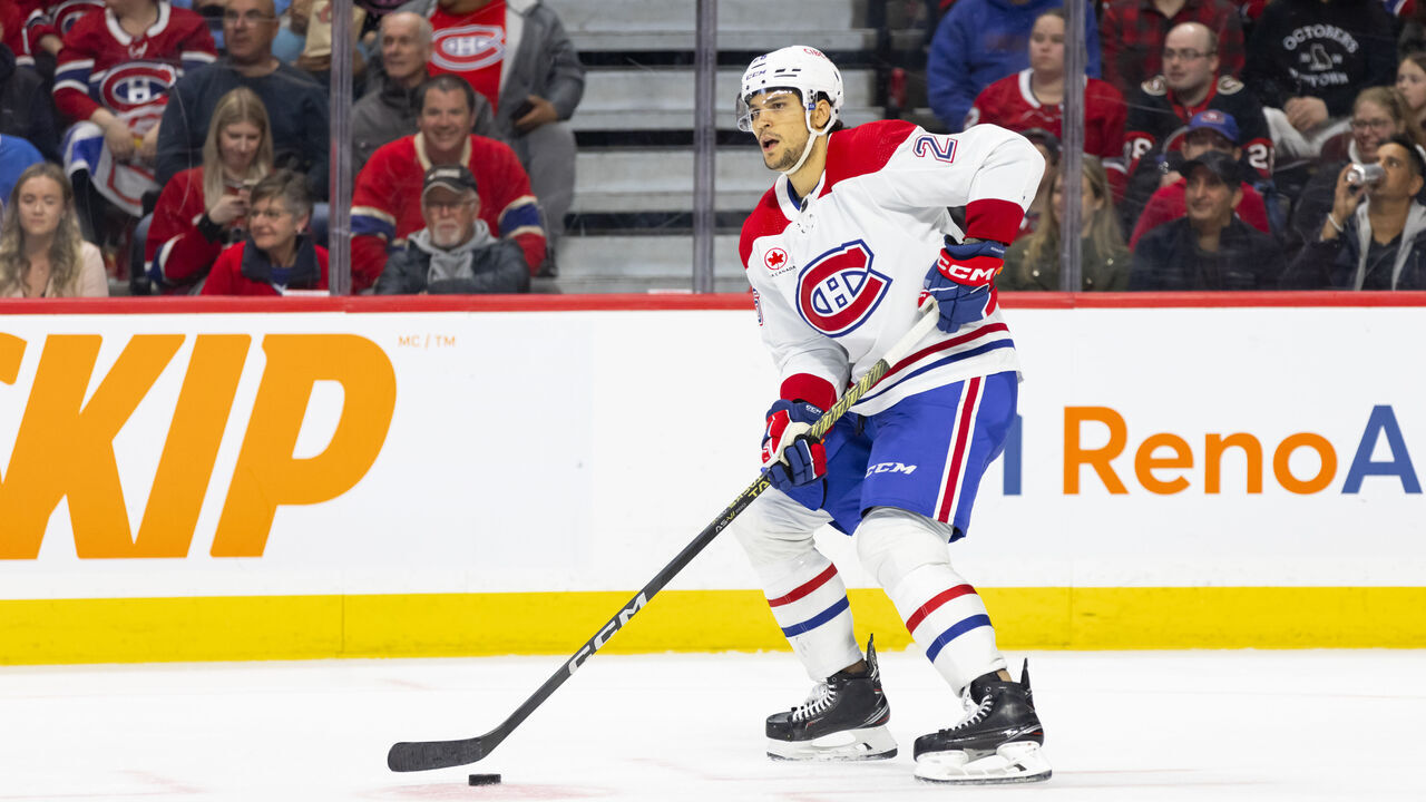 OTTAWA, ON - APRIL 13: Montreal Canadiens Defenceman Johnathan Kovacevic (26) skates with the puck during third period National Hockey League action between the Montreal Canadiens and Ottawa Senators on April 13, 2024, at Canadian Tire Centre in Ottawa, ON, Canada.