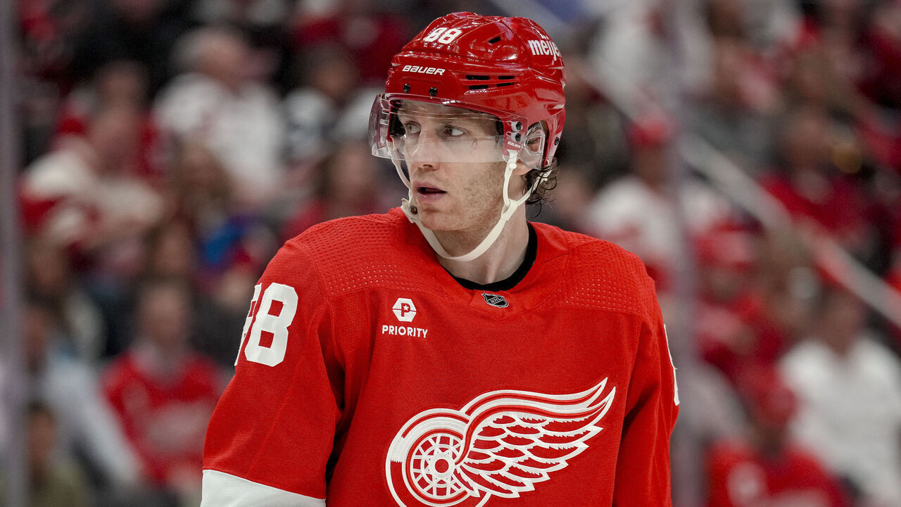 DETROIT, MICHIGAN - APRIL 09: Patrick Kane #88 of the Detroit Red Wings looks on against the Washington Capitals at Little Caesars Arena on April 09, 2024 in Detroit, Michigan.