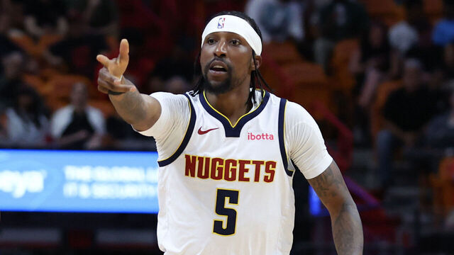 MIAMI, FLORIDA - MARCH 13: Kentavious Caldwell-Pope #5 of the Denver Nuggets reacts during the third quarter of the game against the Miami Heat at Kaseya Center on March 13, 2024 in Miami, Florida.