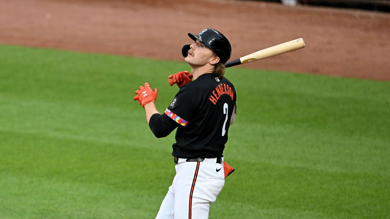 BALTIMORE, MARYLAND - JUNE 28: Gunnar Henderson #2 of the Baltimore Orioles bats against the Texas Rangers at Oriole Park at Camden Yards on June 28, 2024 in Baltimore, Maryland.