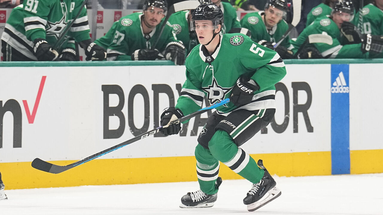 DALLAS, TX - APRIL 24: Nils Lundkvist #5 of the Dallas Stars skates against the Vegas Golden Knights at the American Airlines Center on April 24, 2024 in Dallas, Texas.