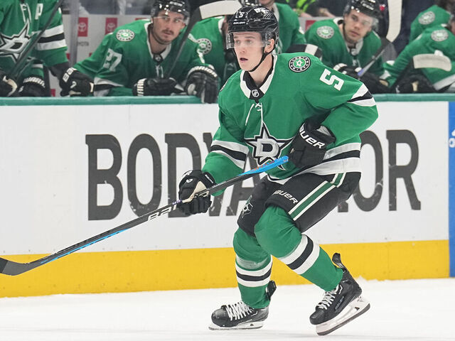 DALLAS, TX - APRIL 24: Nils Lundkvist #5 of the Dallas Stars skates against the Vegas Golden Knights at the American Airlines Center on April 24, 2024 in Dallas, Texas.