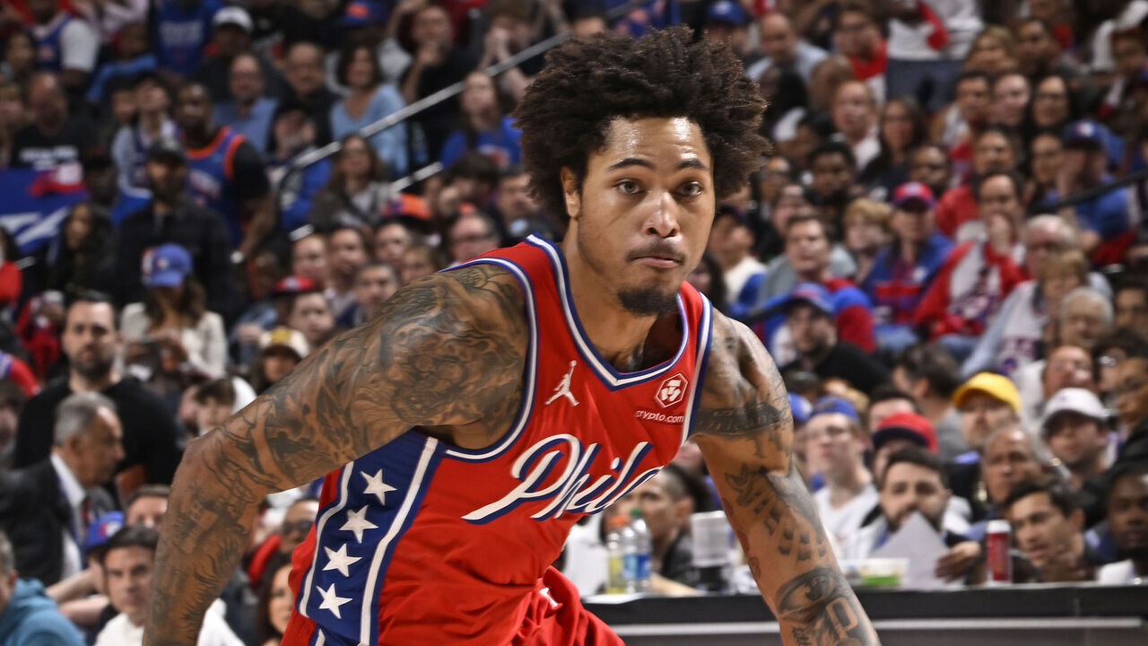 PHILADELPHIA, PA - APRIL 28: Kelly Oubre Jr. #9 of the Philadelphia 76ers dribbles the ball during the game against the New York Knicks during Round 1 Game 4 of the 2024 NBA Playoffs on April 28, 2024 at the Wells Fargo Center in Philadelphia, Pennsylvania NOTE TO USER: User expressly acknowledges and agrees that, by downloading and/or using this Photograph, user is consenting to the terms and conditions of the Getty Images License Agreement. Mandatory Copyright Notice: Copyright 2024 NBAE
