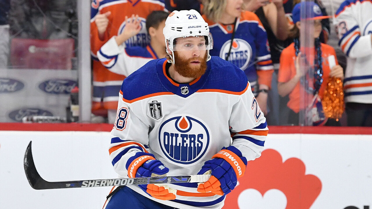 SUNRISE, FLORIDA - JUNE 24: Connor Brown #28 of the Edmonton Oilers warms up ahead of Game Seven of the 2024 Stanley Cup Final against the Florida Panthers at Amerant Bank Arena on June 24, 2024, in Sunrise, Florida.