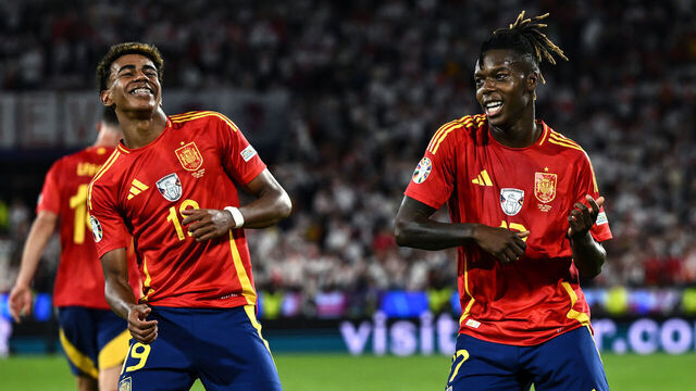 COLOGNE, GERMANY - JUNE 30: Nicholas Williams of Spain celebrates with Lamine Yamal after scoring goal 3-1 during the UEFA EURO 2024 round of 16 match between Spain and Georgia at Cologne Stadium on June 30, 2024 in Cologne, Germany.