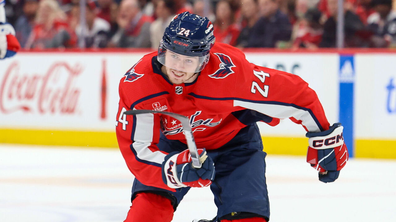WASHINGTON, DC - APRIL 28: Connor McMichael #24 of the Washington Capitals skates to the puck in Game Four of the First Round of the 2024 Stanley Cup Playoffs against the New York Rangers at Capital One Arena on April 28, 2024 in Washington, D.C.