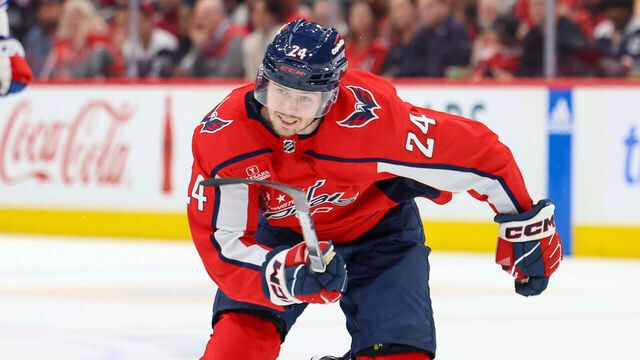 WASHINGTON, DC - APRIL 28: Connor McMichael #24 of the Washington Capitals skates to the puck in Game Four of the First Round of the 2024 Stanley Cup Playoffs against the New York Rangers at Capital One Arena on April 28, 2024 in Washington, D.C.