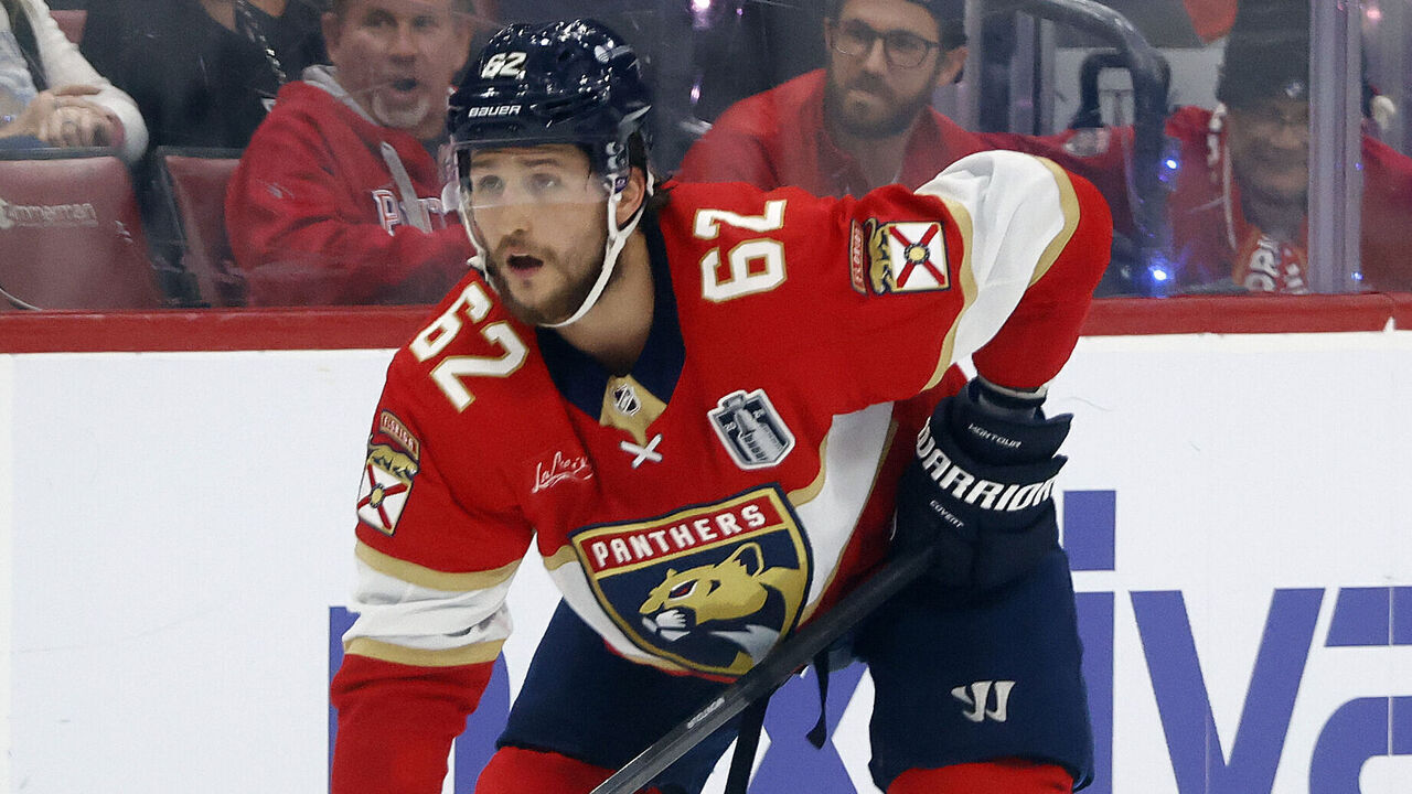 SUNRISE, FL - JUNE 24: Brandon Montour #62 of the Florida Panthers prepares for a face-off against the Edmonton Oilers in Game Seven of the Final of the 2024 Stanley Cup Playoffs at the Amerant Bank Arena on June 24, 2024 in Sunrise, Florida.