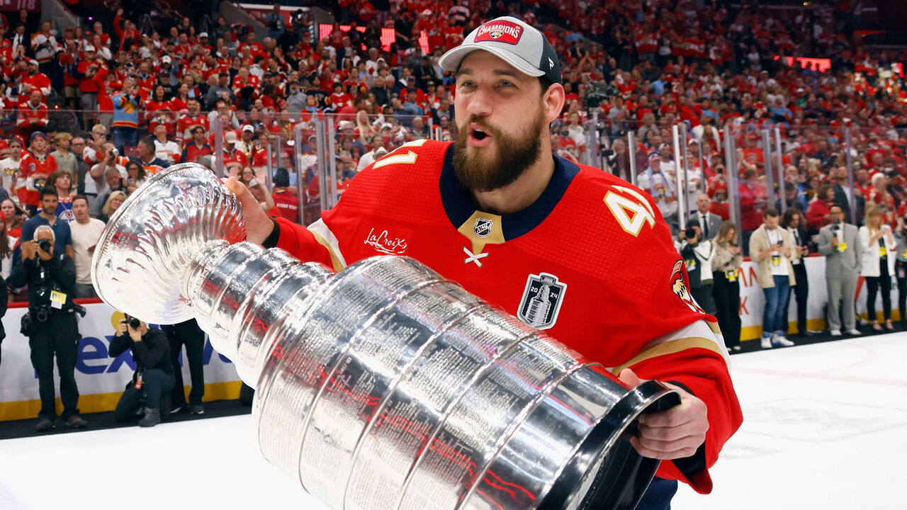 SUNRISE, FLORIDA - JUNE 24: Anthony Stolarz #41 of the Florida Panthers celebrates with the Stanley Cup following a 2-1 victory over the Edmonton Oilers in Game Seven of the 2024 NHL Stanley Cup Final at Amerant Bank Arena on June 24, 2024 in Sunrise, Florida.