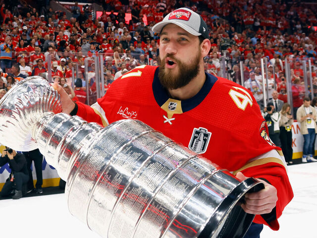 SUNRISE, FLORIDA - JUNE 24: Anthony Stolarz #41 of the Florida Panthers celebrates with the Stanley Cup following a 2-1 victory over the Edmonton Oilers in Game Seven of the 2024 NHL Stanley Cup Final at Amerant Bank Arena on June 24, 2024 in Sunrise, Florida.
