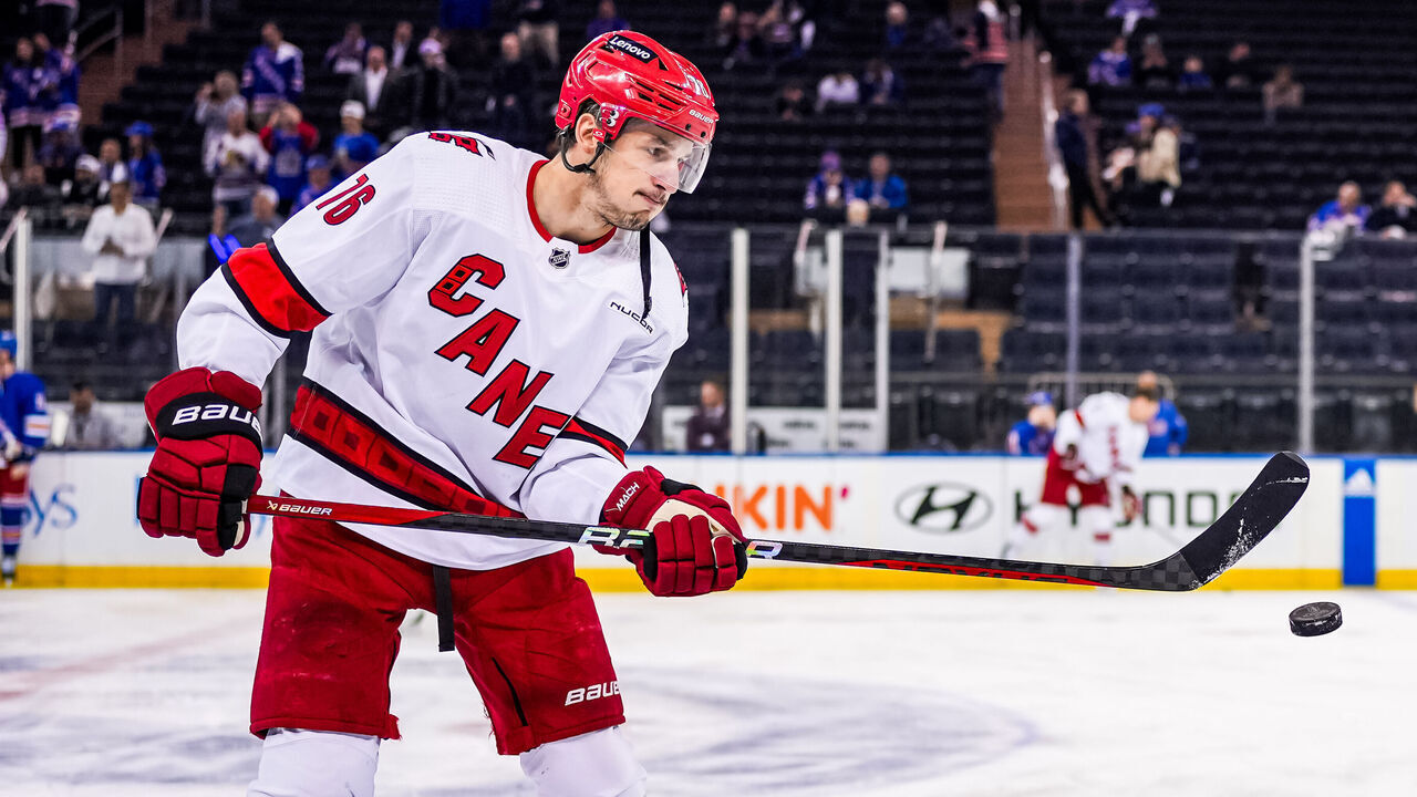 NEW YORK, NEW YORK- MAY 13: Brady Skjei #76 of the Carolina Hurricanes warms up prior to Game Five of the Second Round of the 2024 Stanley Cup Playoffs against the New York Rangers at Madison Square Garden on May 13, 2024 in New York City.