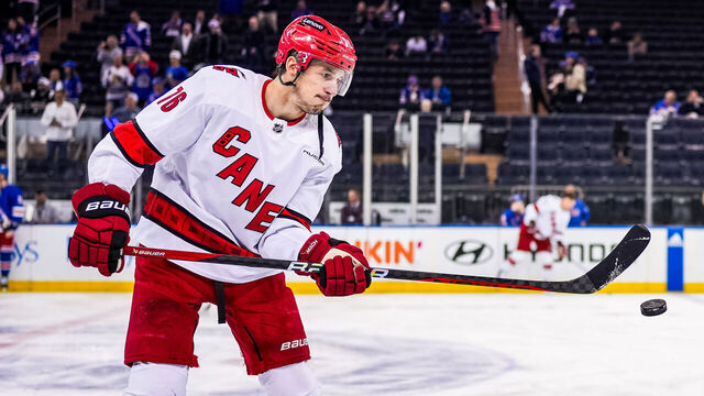 NEW YORK, NEW YORK- MAY 13: Brady Skjei #76 of the Carolina Hurricanes warms up prior to Game Five of the Second Round of the 2024 Stanley Cup Playoffs against the New York Rangers at Madison Square Garden on May 13, 2024 in New York City.