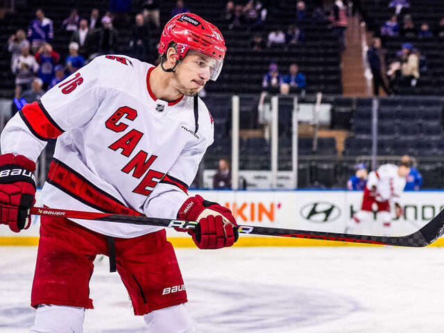 NEW YORK, NEW YORK- MAY 13: Brady Skjei #76 of the Carolina Hurricanes warms up prior to Game Five of the Second Round of the 2024 Stanley Cup Playoffs against the New York Rangers at Madison Square Garden on May 13, 2024 in New York City.