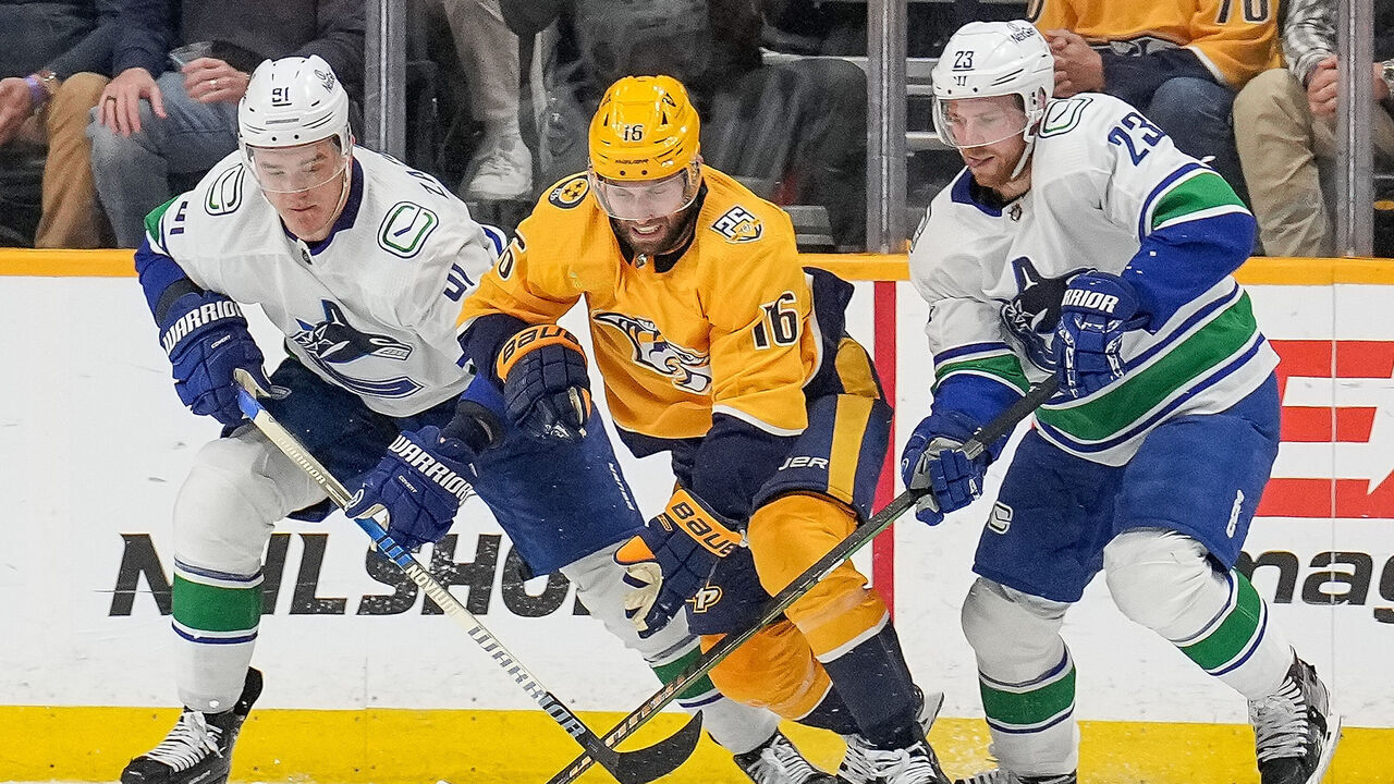 NASHVILLE, TENNESSEE - MAY 3: Jason Zucker #16 of the Nashville Predators battles for the puck against Nikita Zadorov #91 and Elias Lindholm #23 of the Vancouver Canucks in Game Six of the First Round of the 2024 Stanley Cup Playoffs at Bridgestone Arena on May 3, 2024 in Nashville, Tennessee.