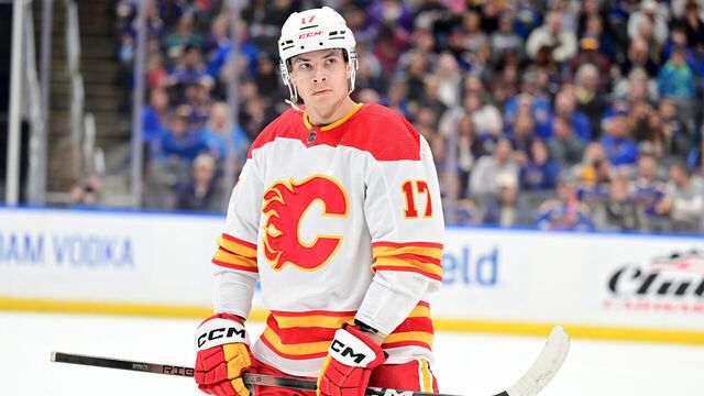 ST. LOUIS, MO - MARCH 28: Calgary Flames center Yegor Sharangovich (17) as seen during an NHL game between the Calgary Flames and the St. Louis Blues, on March 28, 2024, at Enterprise Center in St. Louis, MO.