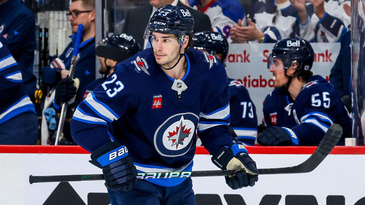 WINNIPEG, CANADA - APRIL 30: Sean Monahan #23 of the Winnipeg Jets skates during second period action against the Colorado Avalanche in Game Five of the First Round of the 2024 Stanley Cup Playoffs at Canada Life Centre on April 30, 2024 in Winnipeg, Manitoba, Canada.