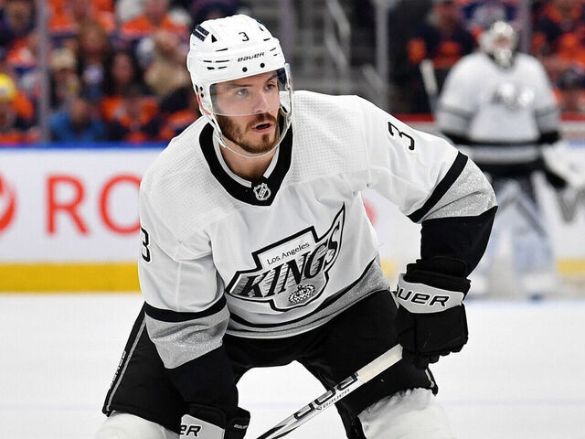EDMONTON, CANADA - MAY 01: Matt Roy #3 of the Los Angeles Kings in action in Game Five of the First Round of the 2024 Stanley Cup Playoffs against the Edmonton Oilers at Rogers Place on May 1, 2024, in Edmonton, Alberta, Canada.