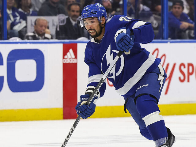 TAMPA, FL - APRIL 11: Matt Dumba #24 of the Tampa Bay Lightning against the Ottawa Senators during the third period at Amalie Arena on April 11, 2024 in Tampa, Florida.