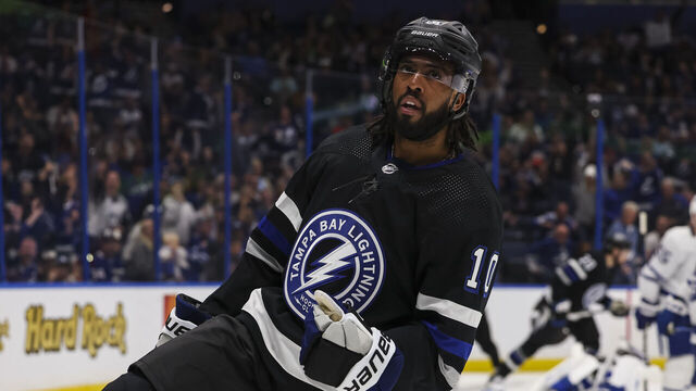 TAMPA, FL - APRIL 17: Anthony Duclair #10 of the Tampa Bay Lightning celebrates a goal against the Toronto Maple Leafs during the second period at Amalie Arena on April 17, 2024 in Tampa, Florida.