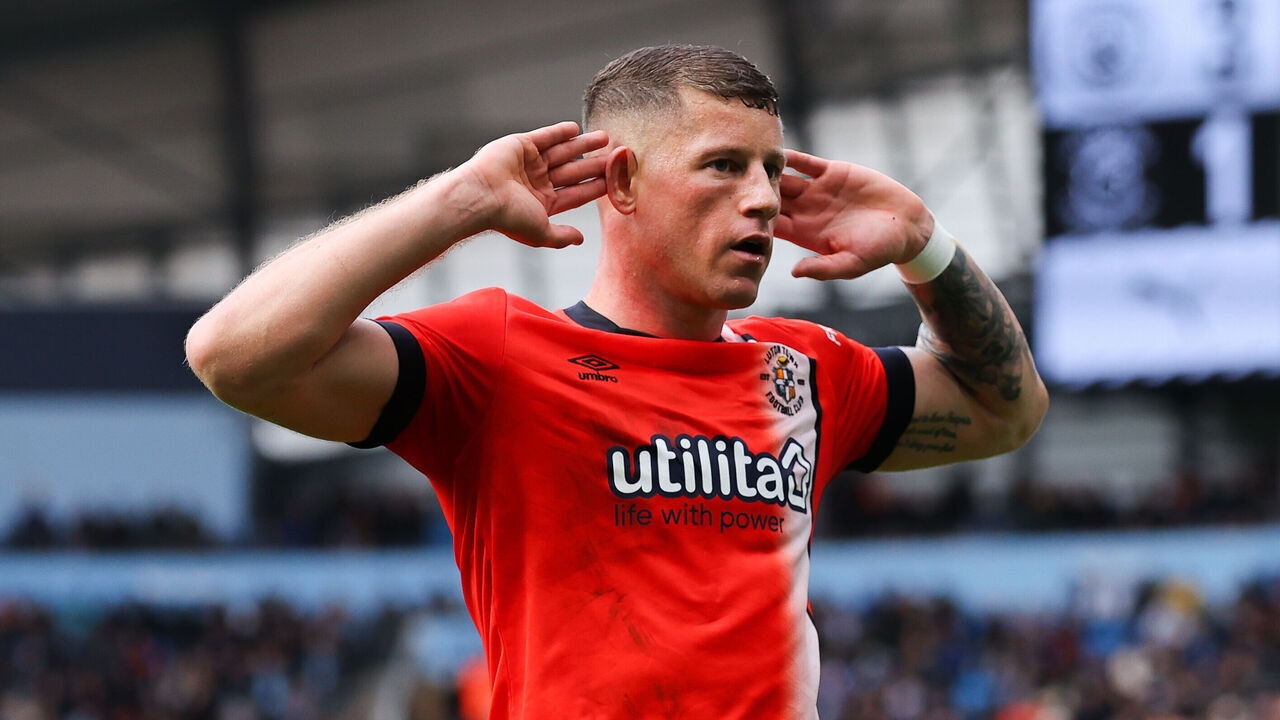 MANCHESTER, ENGLAND - APRIL 13: Ross Barkley of Luton Town celebrates after scoring his side's first goal during the Premier League match between Manchester City and Luton Town at Etihad Stadium on April 13, 2024 in Manchester, England.