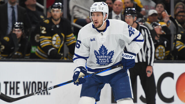BOSTON, MASSACHUSETTS - APRIL 22: Ilya Lyubushkin #46 of the Toronto Maple Leafs skates against the Boston Bruins in Game Two of the First Round of the 2024 Stanley Cup Playoffs at the TD Garden on April 22, 2024 in Boston, Massachusetts.