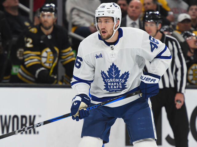 BOSTON, MASSACHUSETTS - APRIL 22: Ilya Lyubushkin #46 of the Toronto Maple Leafs skates against the Boston Bruins in Game Two of the First Round of the 2024 Stanley Cup Playoffs at the TD Garden on April 22, 2024 in Boston, Massachusetts.