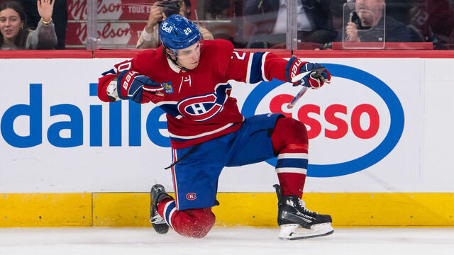 MONTREAL, QC - APRIL 09: Juraj Slafkovsky (20) of the Montreal Canadiens celebrates after scoring his 3rd goal of the game during the second period of the NHL game between the Philadelphia Flyers and the Montreal Canadiens on April 9, 2024, at the Bell Centre in Montreal, QC