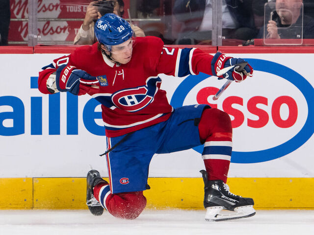 MONTREAL, QC - APRIL 09: Juraj Slafkovsky (20) of the Montreal Canadiens celebrates after scoring his 3rd goal of the game during the second period of the NHL game between the Philadelphia Flyers and the Montreal Canadiens on April 9, 2024, at the Bell Centre in Montreal, QC