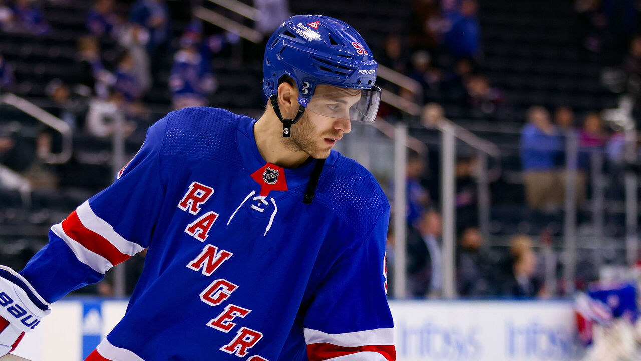 NEW YORK, NY - APRIL 23: New York Rangers Center Alex Wennberg (91) in action prior to the National Hockey League Stanley Cup Playoffs Eastern Conference First Round game between the Washington Capitals and the New York Rangers on April 23, 2024 at Madison Square Garden in New York, NY.