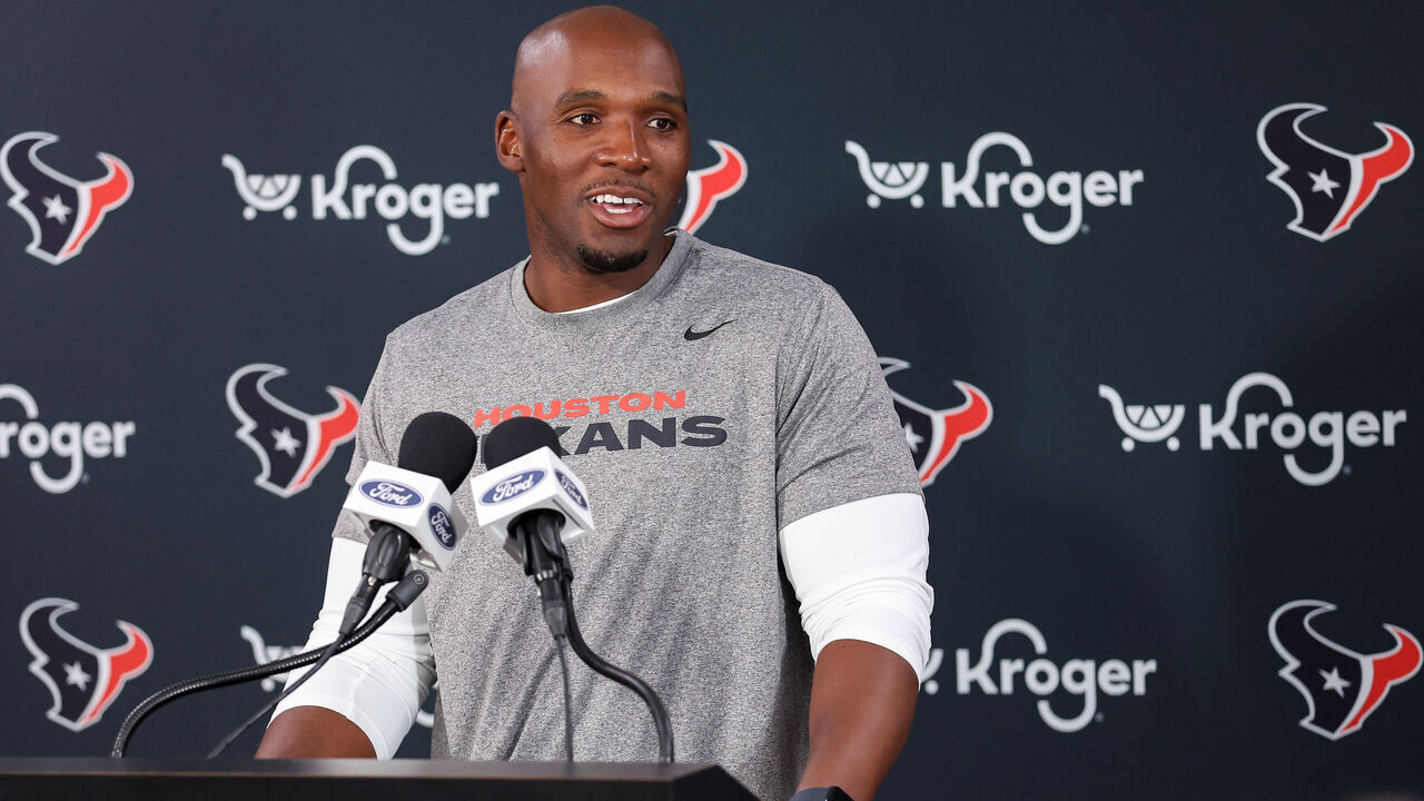 HOUSTON, TEXAS - JUNE 05: Head coach DeMeco Ryans talks with media during mandatory minicamp at Houston Methodist Training Center on June 05, 2024 in Houston, Texas.