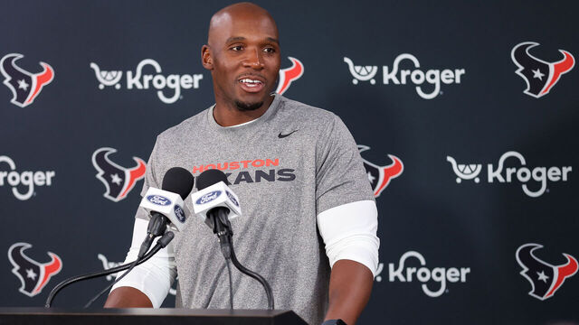 HOUSTON, TEXAS - JUNE 05: Head coach DeMeco Ryans talks with media during mandatory minicamp at Houston Methodist Training Center on June 05, 2024 in Houston, Texas.