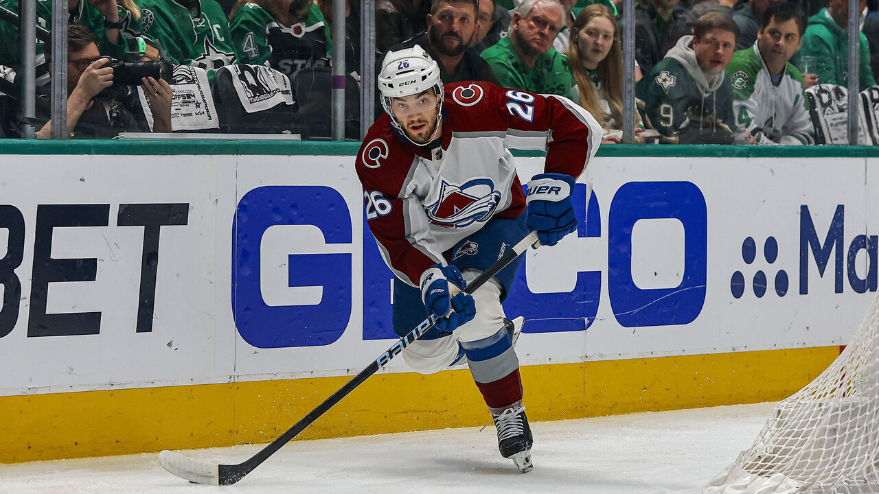 DALLAS, TX - MAY 15: Colorado Avalanche defenseman Sean Walker (26) skates with the puck during game 5 of the Western Conference round 2 playoffs on May 15, 2024 at American Airlines Center in Dallas, Texas.