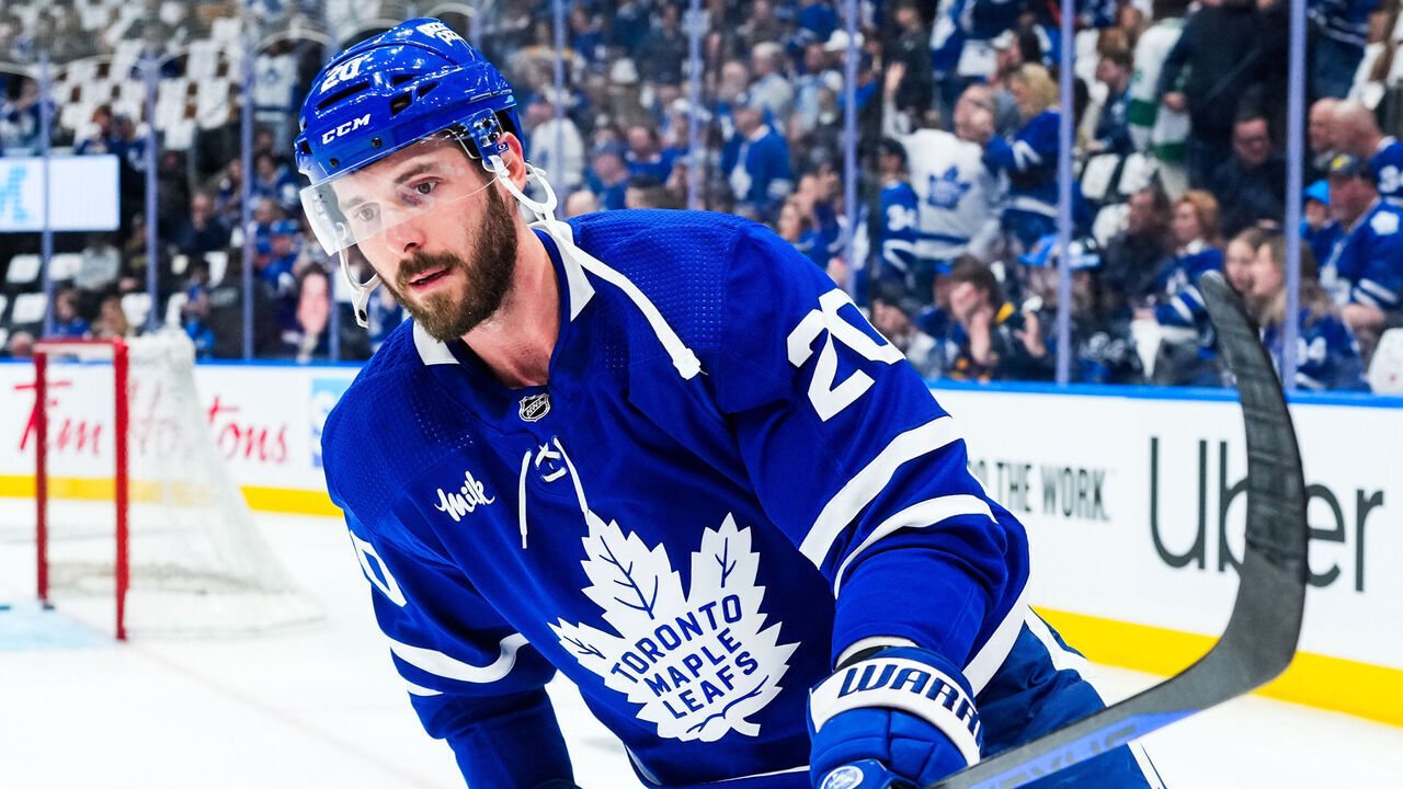 TORONTO, ON - MAY 2: Joel Edmundson #20 of the Toronto Maple Leafs skates during warmups before facing the Boston Bruins in Game Six of the First Round of the 2024 Stanley Cup Playoffs at Scotiabank Arena on May 2, 2024 in Toronto, Ontario, Canada.