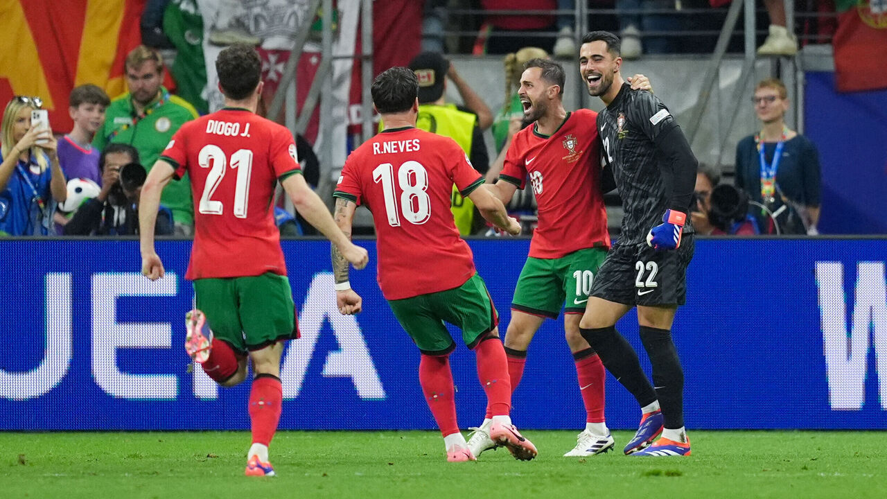 Portugal's Bernardo Silva, goalkeeper Diego Costa and team mates celebrate winning the penalty shootout during the UEFA Euro 2024, round of 16 match at the Frankfurt Arena in Frankfurt, Germany. Picture date: Monday July 1, 2024.