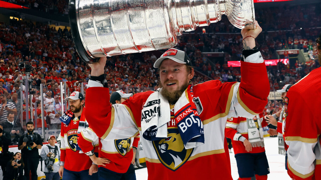 SUNRISE, FLORIDA - JUNE 24: Vladimir Tarasenko #10 of the Florida Panthers celebrates with the Stanley Cup following a 2-1 victory over the Edmonton Oilers in Game Seven of the 2024 NHL Stanley Cup Final at Amerant Bank Arena on June 24, 2024 in Sunrise, Florida.