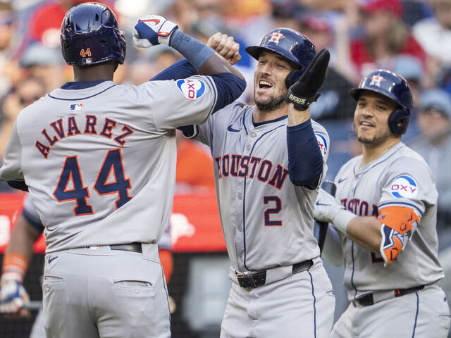 TORONTO, ON - JULY 1: Yordan Alvarez #44 of the Houston Astros celebrates his two run home run with Alex Bregman #2 against the Toronto Blue Jays in their MLB game at the Rogers Centre on July 1, 2024 in Toronto, Ontario, Canada.