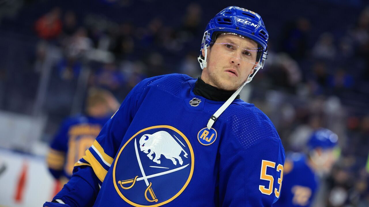 BUFFALO, NEW YORK - APRIL 11: Jeff Skinner #53 of the Buffalo Sabres warms up prior to an NHL game against the Washington Capitals on April 11, 2024 at KeyBank Center in Buffalo, New York.
