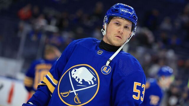 BUFFALO, NEW YORK - APRIL 11: Jeff Skinner #53 of the Buffalo Sabres warms up prior to an NHL game against the Washington Capitals on April 11, 2024 at KeyBank Center in Buffalo, New York.