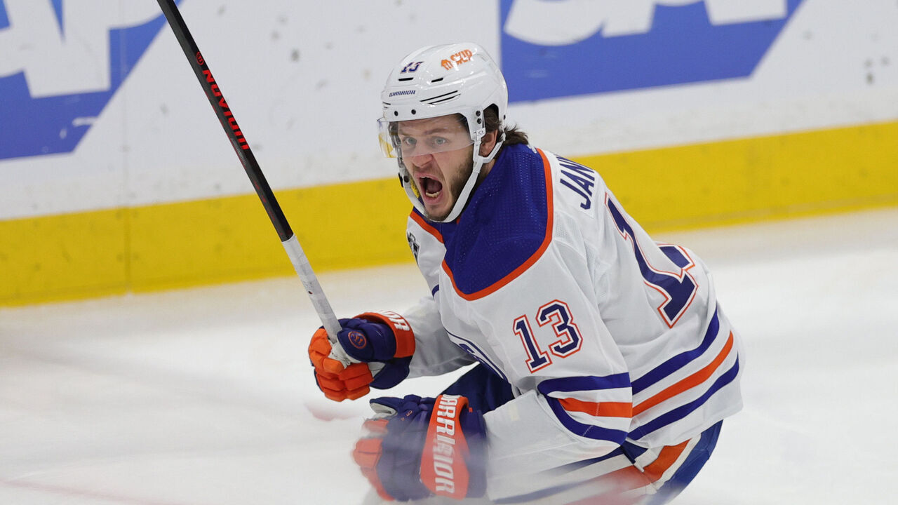 SUNRISE, FLORIDA - JUNE 24: Mattias Janmark #13 of the Edmonton Oilers celebrates after scoring a goal against the Florida Panthers during the first period of Game Seven of the 2024 Stanley Cup Final at Amerant Bank Arena on June 24, 2024 in Sunrise, Florida.