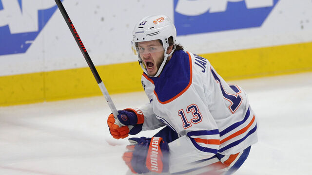 SUNRISE, FLORIDA - JUNE 24: Mattias Janmark #13 of the Edmonton Oilers celebrates after scoring a goal against the Florida Panthers during the first period of Game Seven of the 2024 Stanley Cup Final at Amerant Bank Arena on June 24, 2024 in Sunrise, Florida.