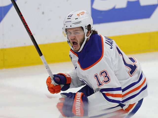SUNRISE, FLORIDA - JUNE 24: Mattias Janmark #13 of the Edmonton Oilers celebrates after scoring a goal against the Florida Panthers during the first period of Game Seven of the 2024 Stanley Cup Final at Amerant Bank Arena on June 24, 2024 in Sunrise, Florida.