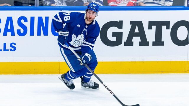 TORONTO, ON - APRIL 13: Toronto Maple Leafs Defenceman T.J. Brodie (78) skates with the puck during the NHL regular season game between the Detroit Red Wings and the Toronto Maple Leafs on April 13, 2024, at Scotiabank Arena in Toronto, ON, Canada.