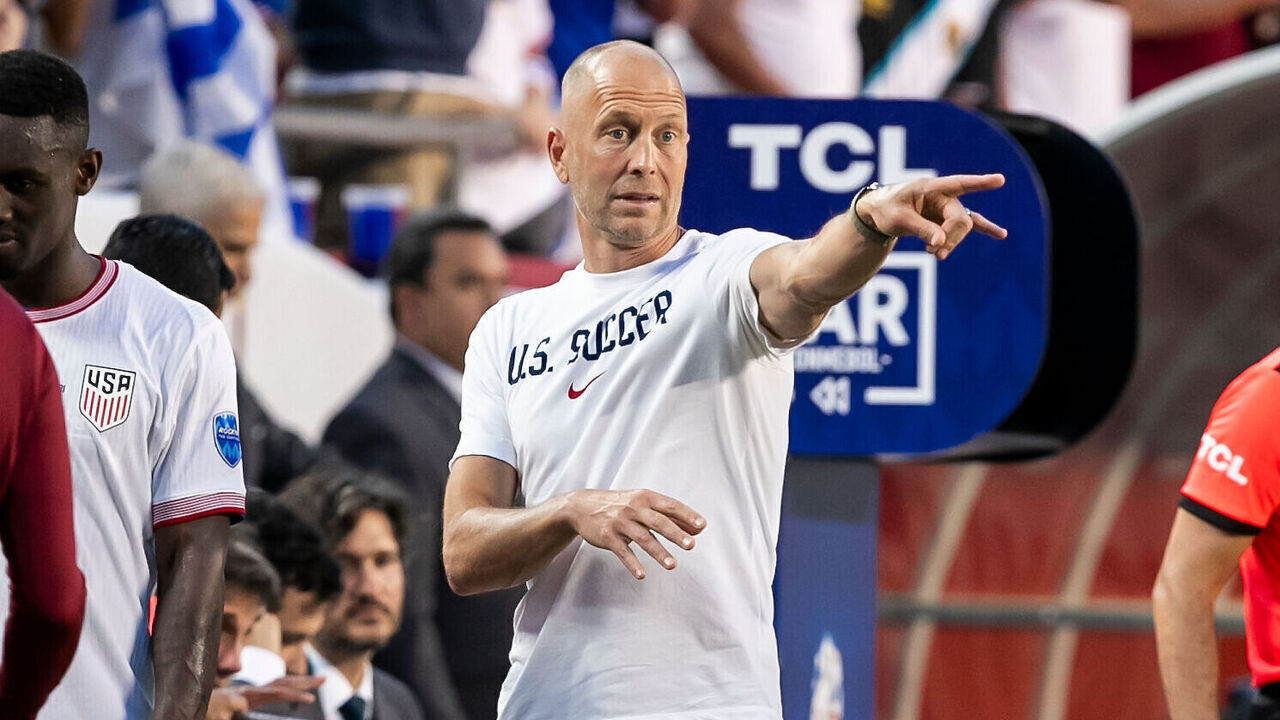 KANSAS CITY, MO - JULY 01: United States head coach Gregg Berhalter directs his players during the Group A match between the United States and Uruguay on Monday July 1, 2024 at Arrowhead stadium in Kansas City, MO.