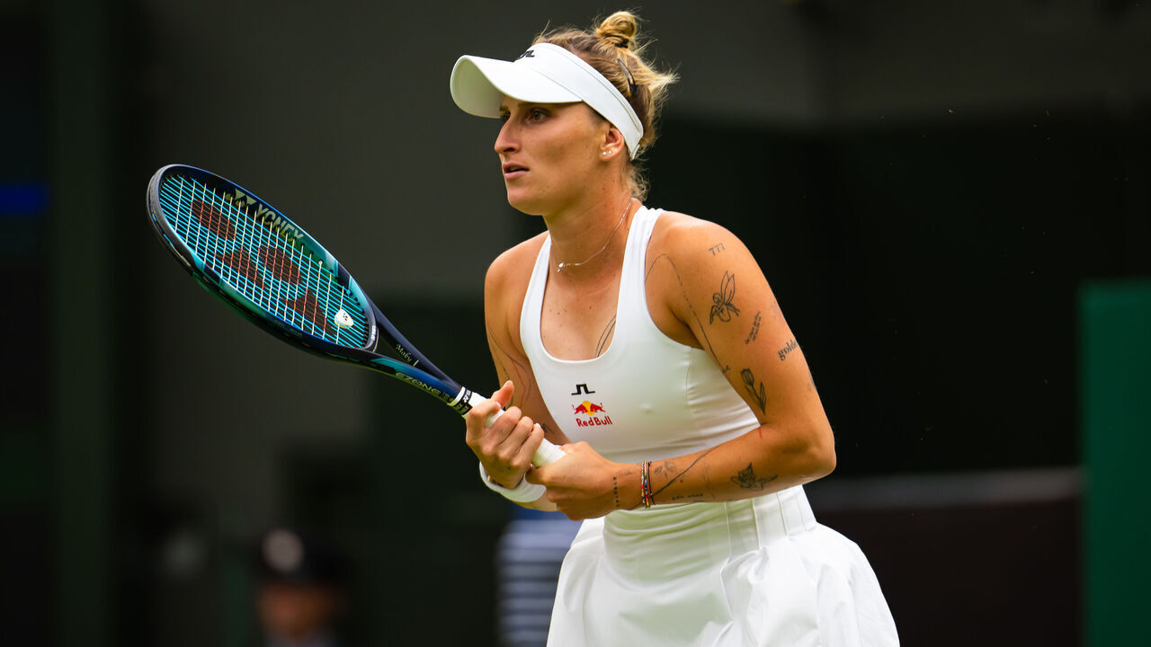 LONDON, ENGLAND - JULY 02: Marketa Vondrousova of the Czech Republic in action against Jessica Bouzas Maneiro of Spain in the first round on Day Two of The Championships Wimbledon 2024 at All England Lawn Tennis and Croquet Club on July 02, 2024 in London, England
