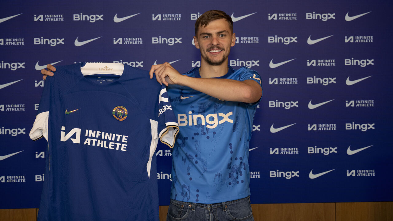 COBHAM, ENGLAND - JULY 2: Chelsea unveil new signing Kiernan Dewsbury-Hall at Cobham Training Ground on July 2, 2024 in Cobham, England.