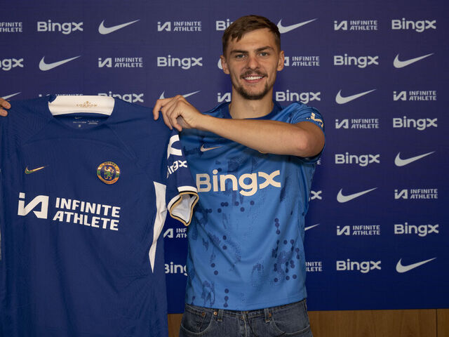 COBHAM, ENGLAND - JULY 2: Chelsea unveil new signing Kiernan Dewsbury-Hall at Cobham Training Ground on July 2, 2024 in Cobham, England.