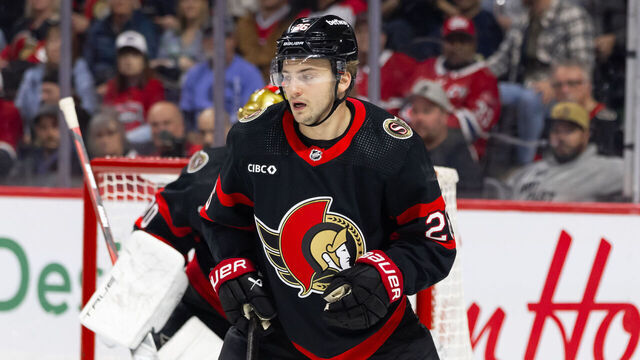 OTTAWA, ON - APRIL 13: Ottawa Senators Defenceman Erik Brannstrom (26) keeps eyes on the play during second period National Hockey League action between the Montreal Canadiens and Ottawa Senators on April 13, 2024, at Canadian Tire Centre in Ottawa, ON, Canada.