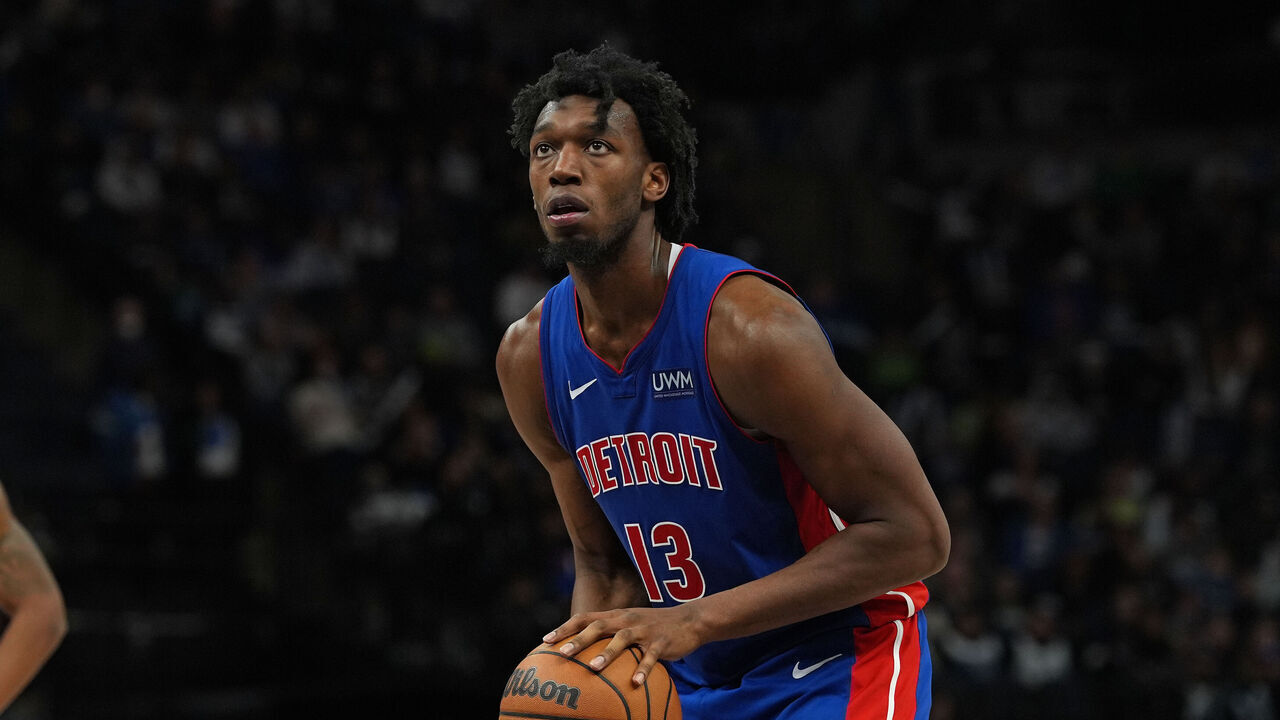 MINNEAPOLIS, MN - MARCH 27: James Wiseman #13 of the Detroit Pistons shoots a free throw during the game against the Detroit Pistons on March 27, 2024 at Target Center in Minneapolis, Minnesota. Mandatory Copyright Notice: Copyright 2024 NBAE