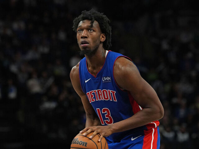 MINNEAPOLIS, MN - MARCH 27: James Wiseman #13 of the Detroit Pistons shoots a free throw during the game against the Detroit Pistons on March 27, 2024 at Target Center in Minneapolis, Minnesota. Mandatory Copyright Notice: Copyright 2024 NBAE
