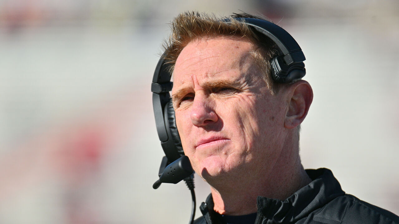 ALBUQUERQUE, NEW MEXICO - NOVEMBER 24: Head coach Blake Anderson of the Utah State Aggies looks on during the first half of his team's game against the New Mexico Lobos at University Stadium on November 24, 2023 in Albuquerque, New Mexico.